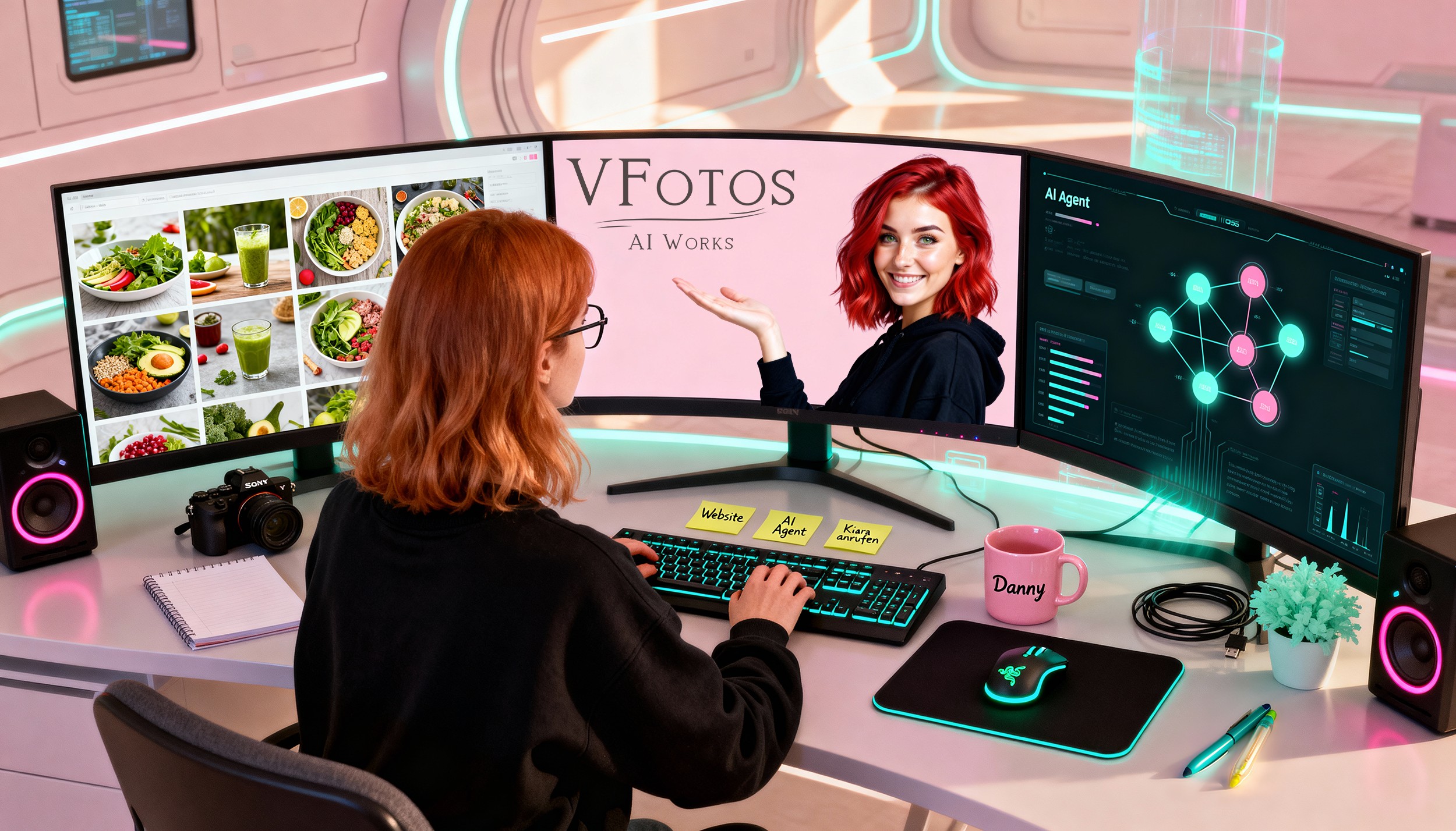 Danny von VFotos sitzt konzentriert vor dem Computer und arbeitet an KI-Bildprojekten – kreative KI-Fotografie, vegane Werte und nachhaltige Ästhetik