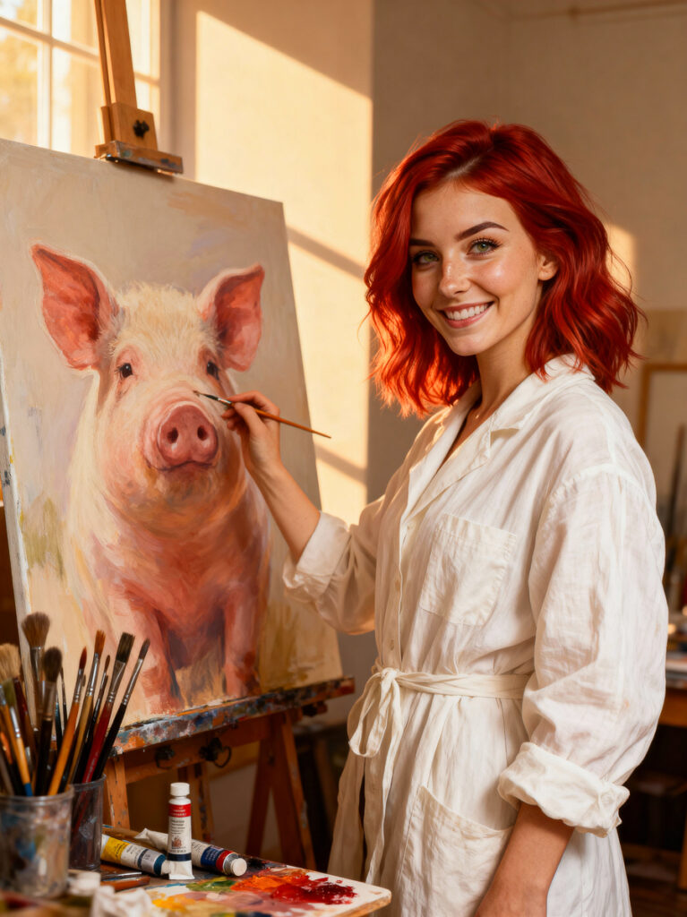 Chrissy Aiven malt das Porträt eines Schweins als Zeichen für Tierrechte und Veganismus, KI-generiertes Kunstmotiv