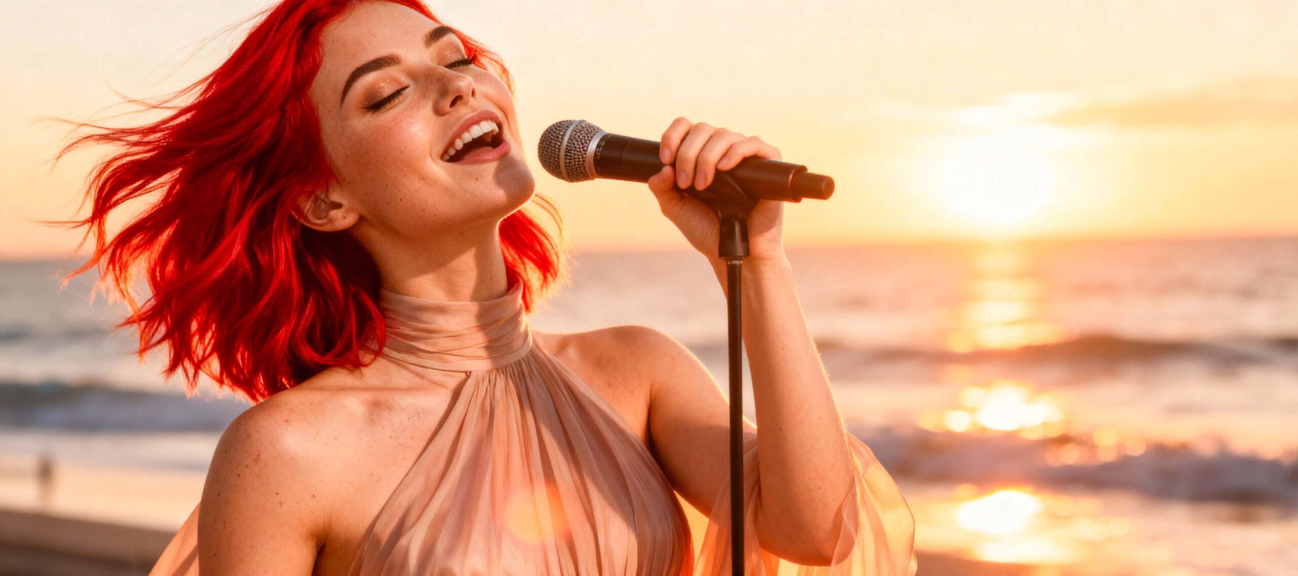 Chrissy Aiven singt am Strand bei Sonnenuntergang – KI-Aktivistin und vegane Stimme für Tierrechte, KI-generiertes Motiv