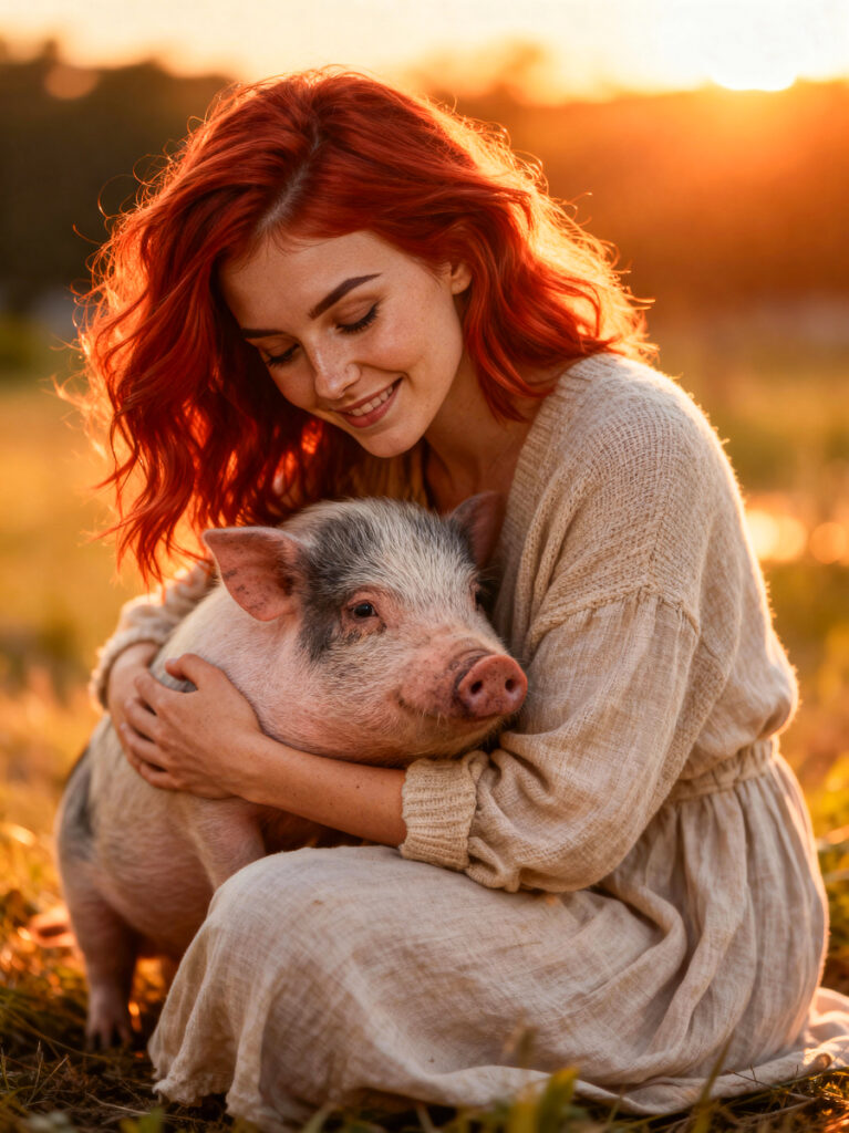 Chrissy Aiven, KI-Aktivistin, hält ein Schwein im Arm im goldenen Sonnenuntergang auf einer Wiese – Symbol für Tierliebe und vegane Werte