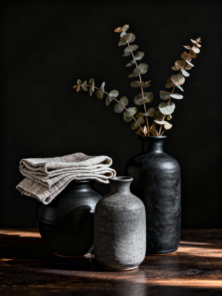 Schwarze Vasen mit Eukalyptus im weichen Seitenlicht auf dunklem Hintergrund, KI-generiert, Moody Aesthetic