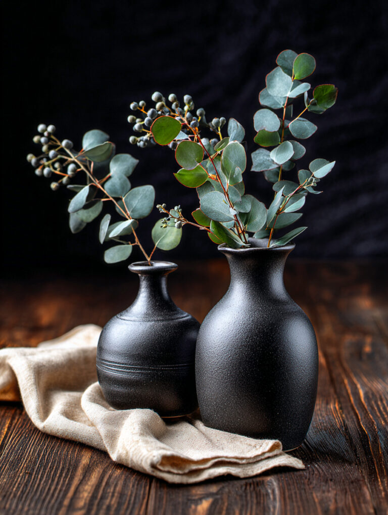 Schwarze Vasen mit Eukalyptus auf dunklem Holz, KI-generiert, Dark & Moody Style
