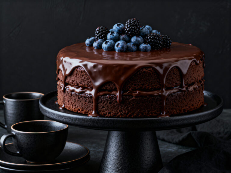 Schichtkuchen mit Schokoglasur, KI-generiert, Moody Foodfotografie