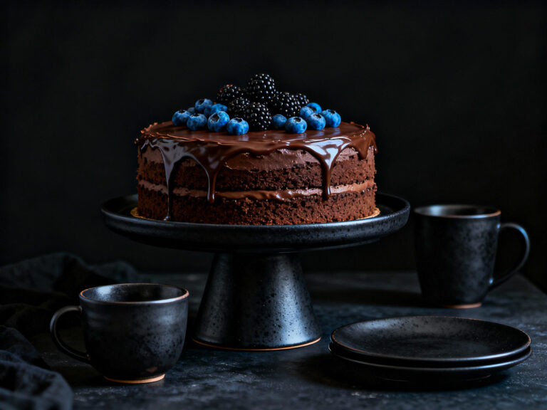 Schokoladentorte mit glänzender Glasur und Beeren auf dunklem Hintergrund, KI-generiert, Dark Food Style