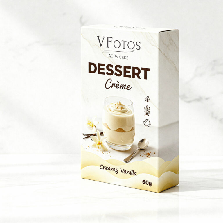 Dessert Crème Vanille Verpackung auf hellem Hintergrund, KI-generiert