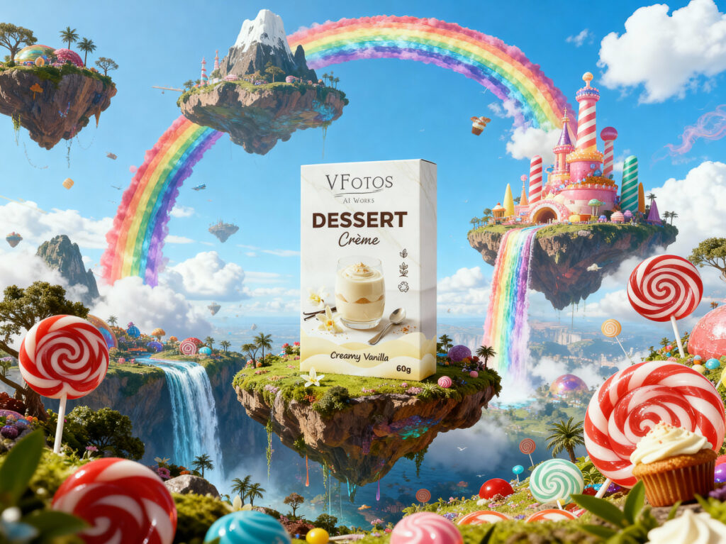 Dessert Crème Vanille Verpackung in bunter Fantasiewelt mit Regenbogen, Lollis und schwebenden Inseln, KI-generiert