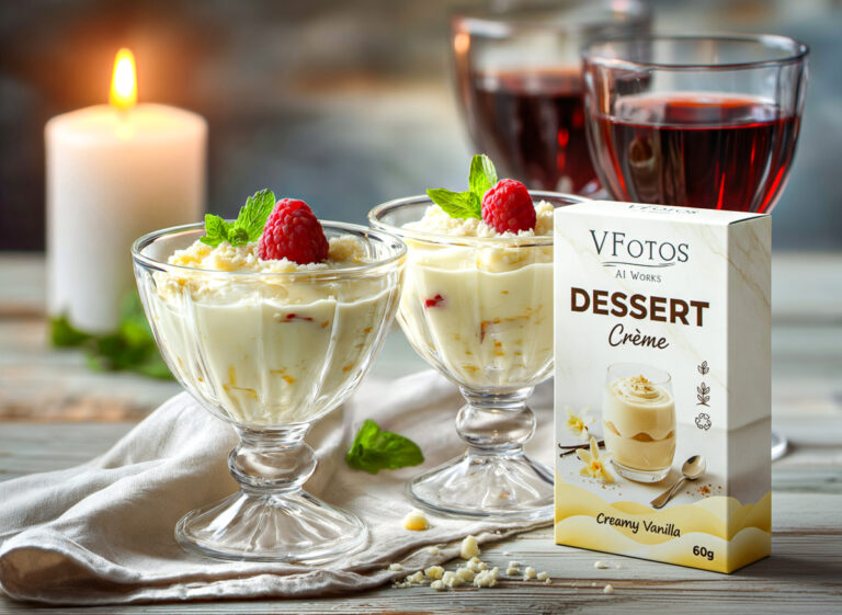 Dessert Crème Vanille Verpackung neben Dessertgläsern mit Creme, Himbeeren und Rotwein, KI-generiert