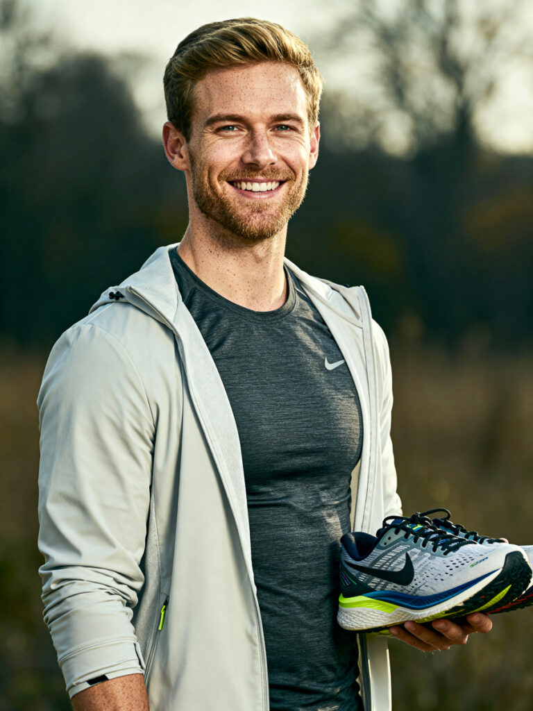 Sportlicher Mann mit Sportschuhen im Abendlicht, KI-generiert