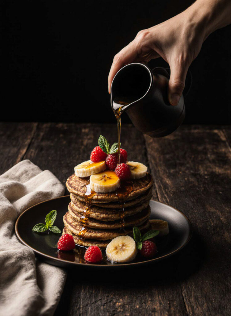 Pancakes mit Sirup, Früchten und rustikalem Holzhintergrund, KI-generiert