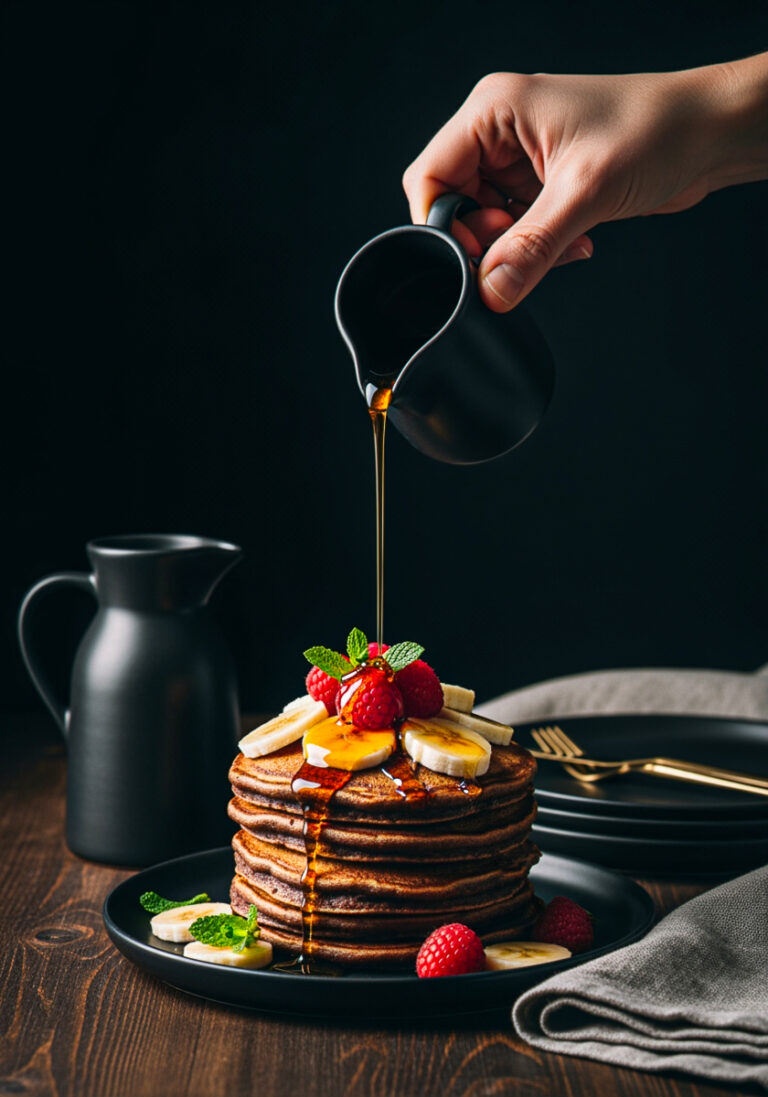 Pancakes mit Früchten, übergossen mit Ahornsirup, KI-generiert, Moody Food Style