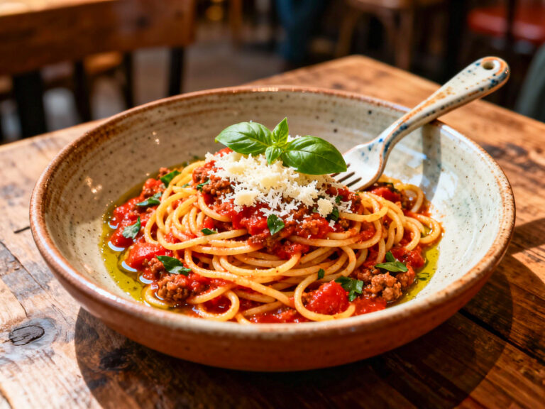 Spaghetti mit Tomatensauce, veganem Hack, Basilikum und Parmesan in rustikaler Schale, KI-generiert