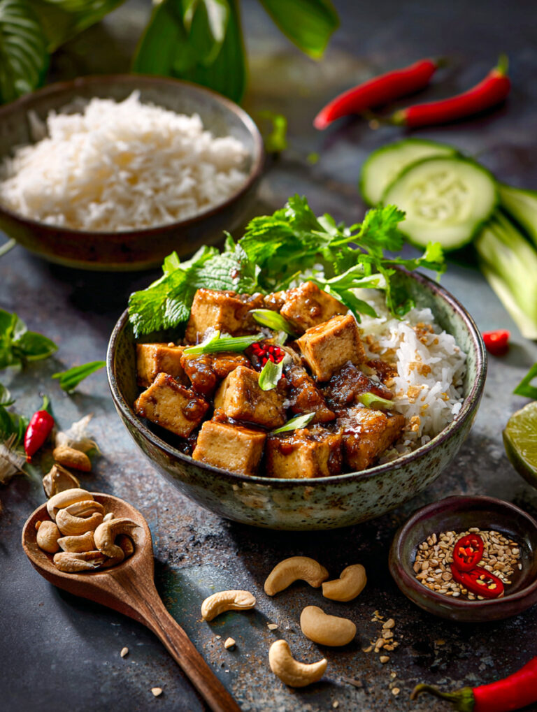 Tofu in cremiger Curry-Sauce mit Paprika, Koriander und Reis, serviert in asiatischer Schale, KI-generiert