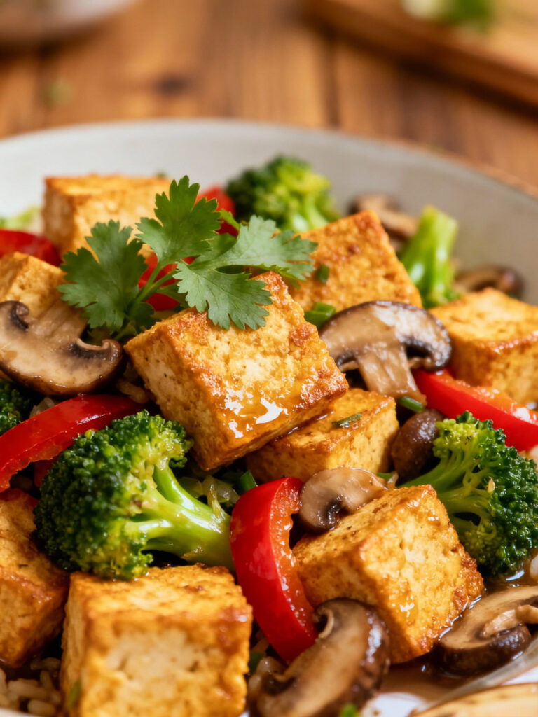 Knuspriger gebratener Tofu mit frischem Gemüse und leichter Sauce – perfekt für Werbung, Kochplattformen und Marken mit Fokus auf vegane, gesunde Ernährung.