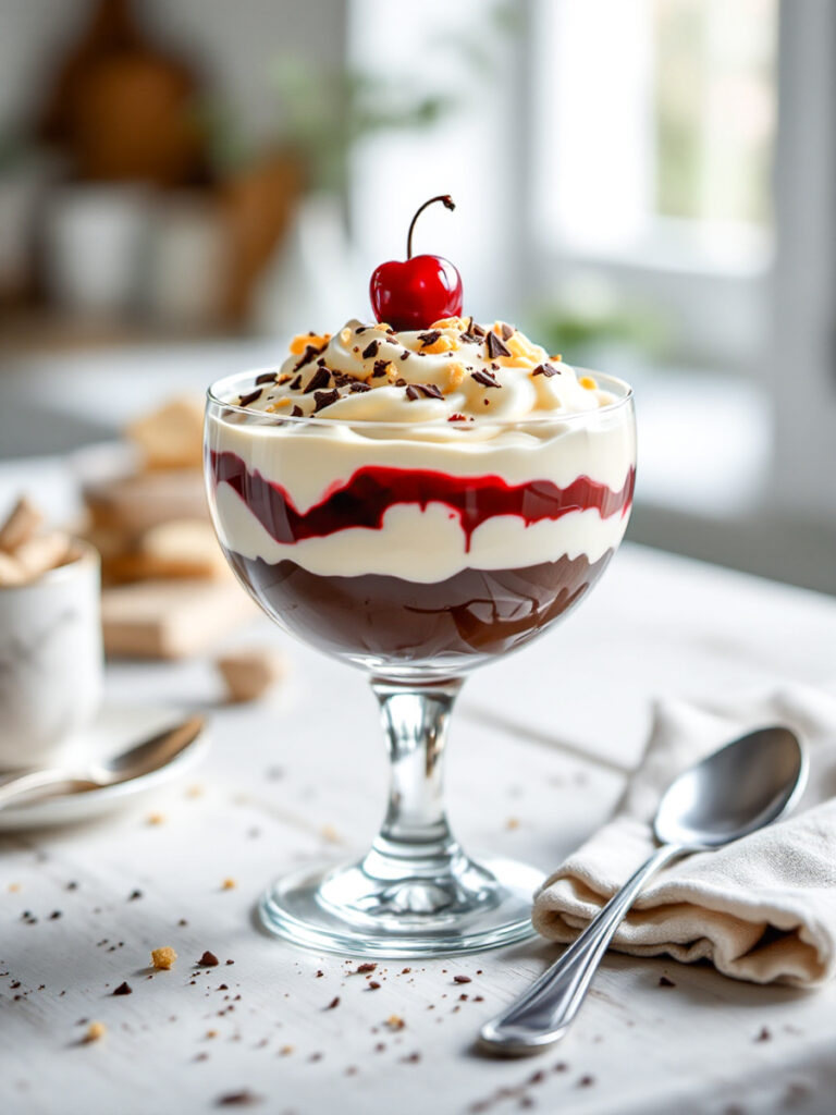 Dessert mit Vanillecreme, Schokolade und Kirsche auf heller Tischszene, KI-generiert