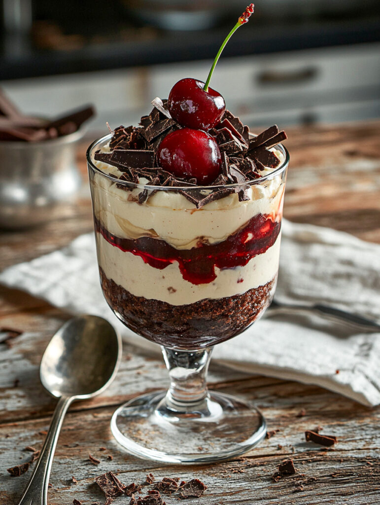 Schichtdessert aus Vanillecreme, Kirschen und dunkler Schokolade in Glas, KI-generiert