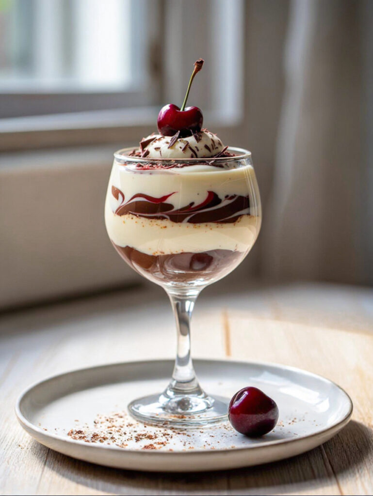 Dessert aus Vanillecreme mit Schokoschichten und Kirsche im Glas, KI-generiert