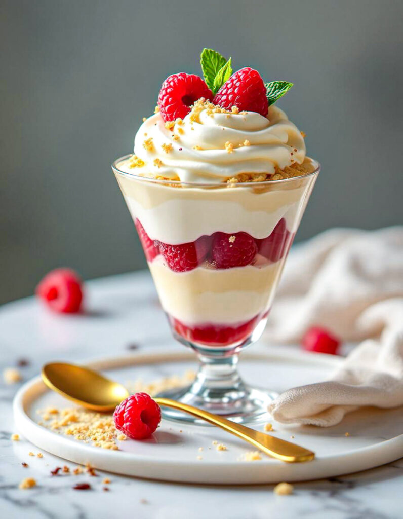Vanilledessert mit Himbeeren, Creme und Sahnehaube, goldener Löffel im Vordergrund, KI-generiert