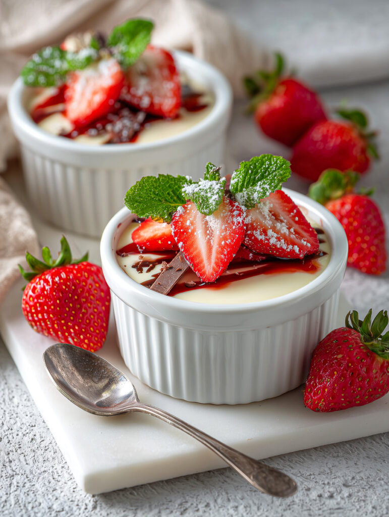 Vanilledessert mit frischen Erdbeeren, Schokostückchen und Minzblättern, KI-generiert