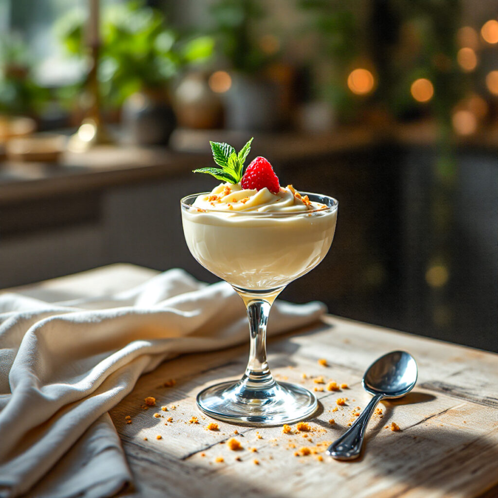 Vanillecreme im Glas mit Himbeere und Minze auf Holztisch im Sonnenlicht, KI-generiert