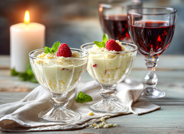 Romantisches KI-Foodvisual mit Vanillecreme und Rotwein in elegantem Setting. Perfekt für Social Ads, Kampagnen und Marken mit Fokus auf Genuss, Atmosphäre und Ästhetik.