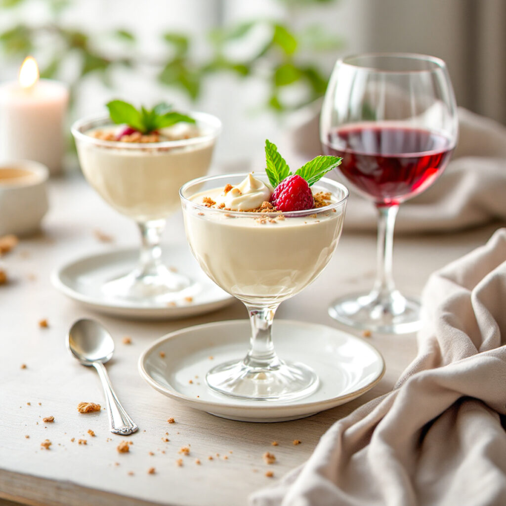 Vanillecreme im Glas mit Himbeere, Minze und Rotweinglas im Hintergrund, KI-generiert