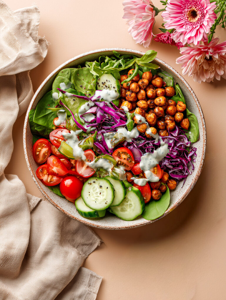Bunte vegane Bowl mit Kichererbsen, Tomaten, Gurken, Rotkohl und Dressing, KI-generiert