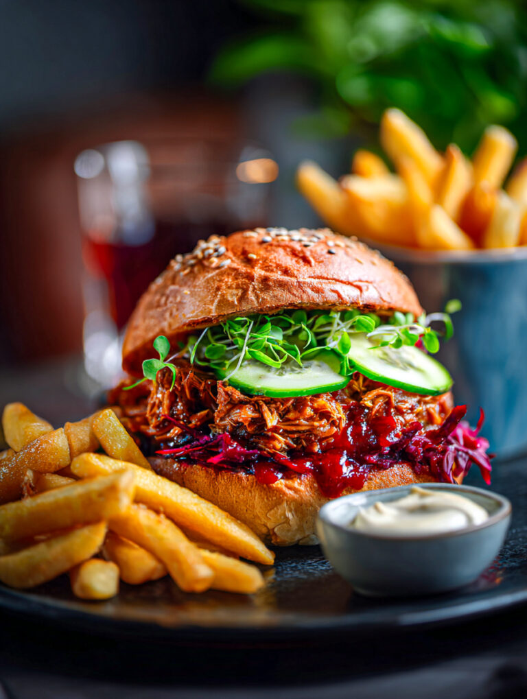 Veggie-Burger mit Salat, Rucola, Zwiebeln und Pommes auf Holzbrett, im rustikalen Setting, KI-generiert