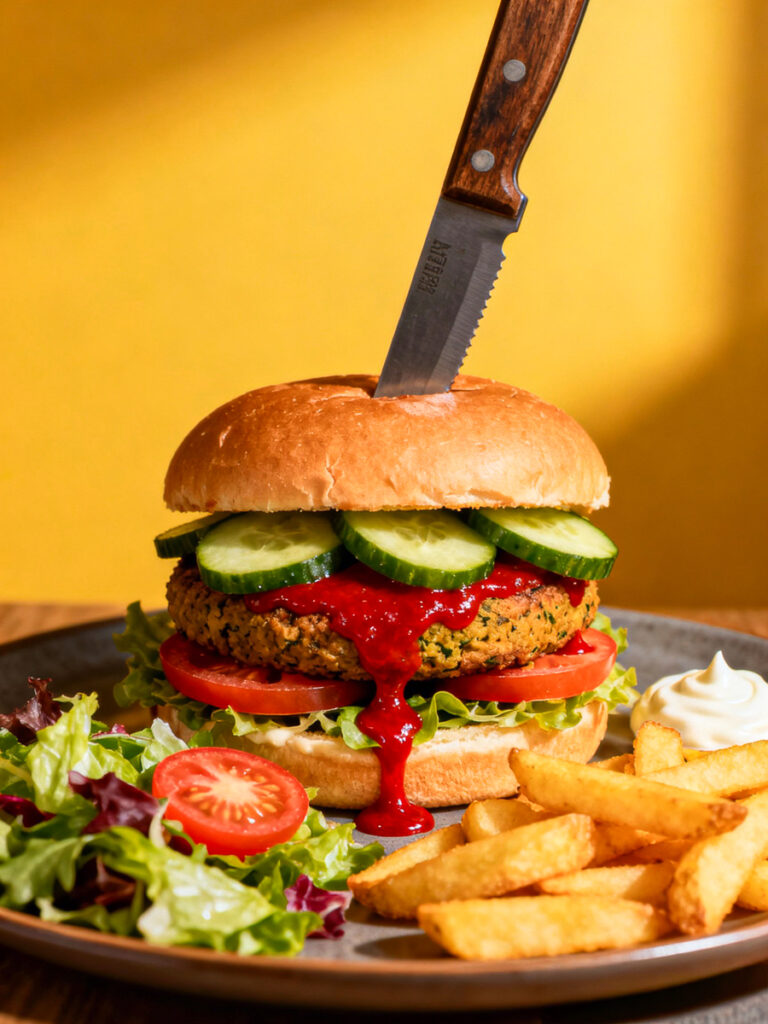 Veganer Burger mit Gemüse, Gurken, Tomaten und Sauce auf gelbem Hintergrund, mit Pommes und Salat, KI-generiert