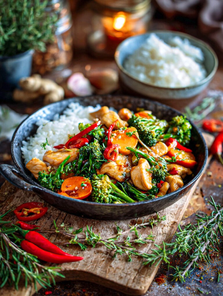 Veganes Geschnetzeltes mit Brokkoli, Karotten, Paprika und Reis in rustikaler Schale, KI-generiert