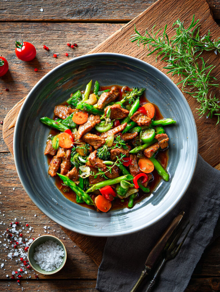 Veganes Geschnetzeltes mit Gemüse und Sojasauce in grauer Schale auf Holztisch, KI-generiert